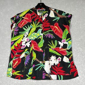 Coconut Cove Shells Beach Hawaiian Silk Shirt Womens S Tropical Black Red Blouse